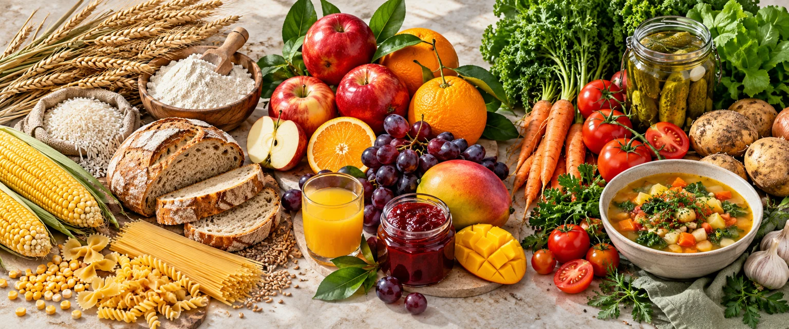 Grains with bread and pasta, fruits with juice and jam, and vegetables with soup and pickles