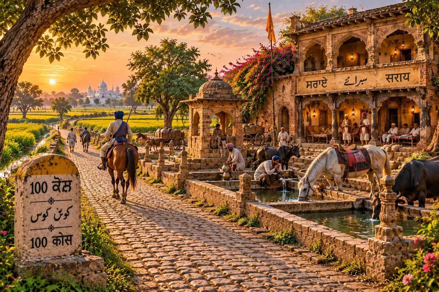 Cobblestone road with a horse rider, sarai inn, water trough and milestone in Gurmukhi, Shahmukhi and Hindi