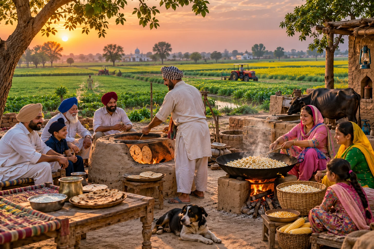 Punjabi countryside at sunset, families gathering around a tandoor and a woman roasting corn at a bhatti